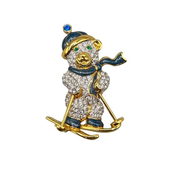 Swarovski Signed Christmas Holiday Teddy Bear Pin Brooch On Skis Gold Plated - Picture 1 of 9